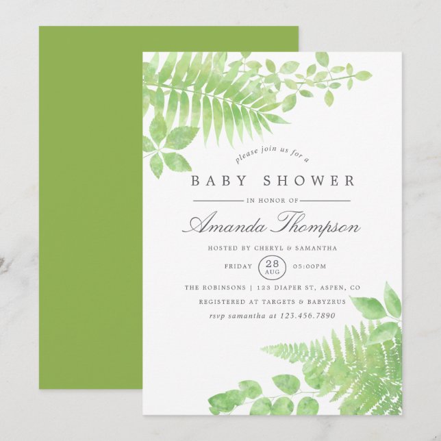Aquarelle verte Baby shower Invitation (Devant / Derrière)