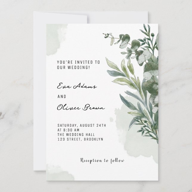 Aquarelle verte blanche Faire-part de mariage flor (Devant)