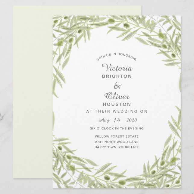 Aquarelle verte Branche d'olive Mariage Invitation (Devant / Derrière)