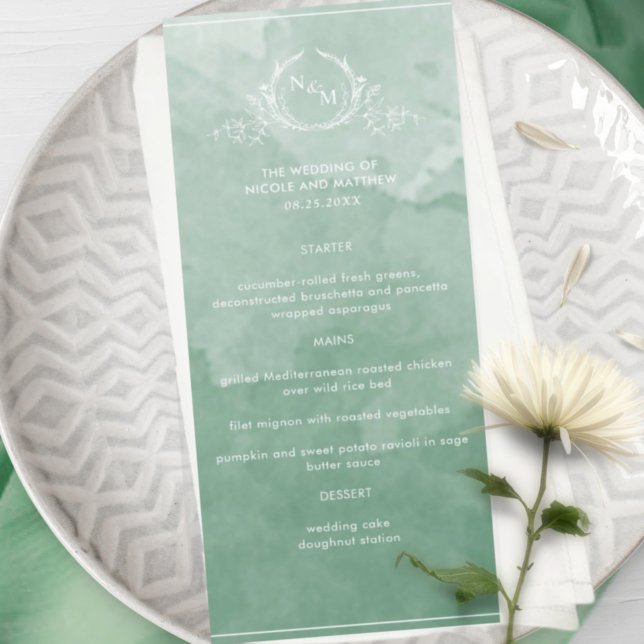 Aquarelle verte chic, menu Mariage Monogram (Créateur téléchargé)