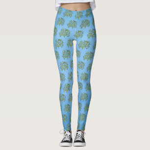 Aquarelle verte corail sur leggings bleus