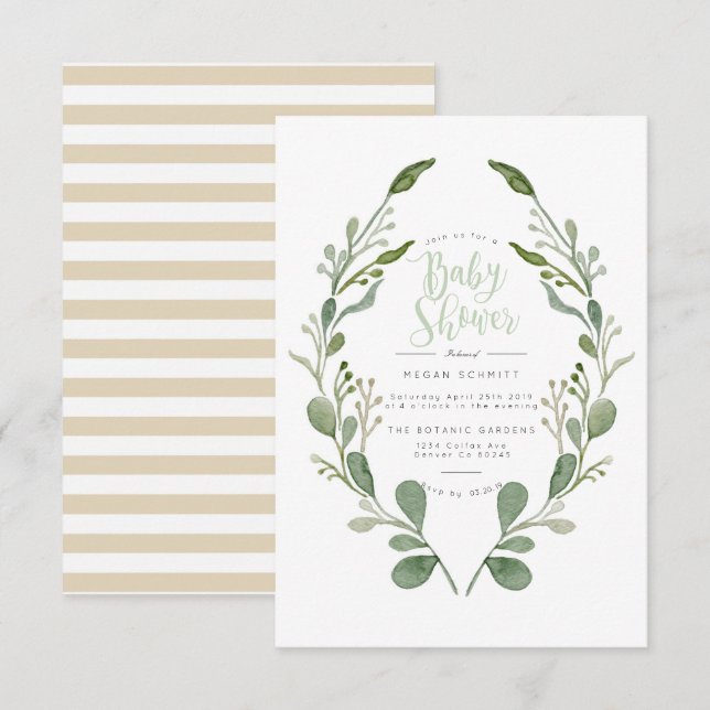 Aquarelle verte de couronne | INVITATION BABY SHOW (Devant / Derrière)
