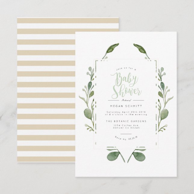 Aquarelle verte de couronne | INVITATION BABY SHOW (Devant / Derrière)