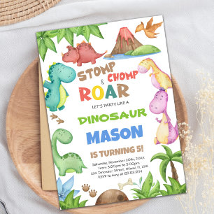 Aquarelle verte Dinosaure Invitations d'anniversai