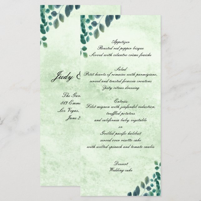 Aquarelle verte Eucalyptus Feuille Menu Mariage (Devant / Derrière)