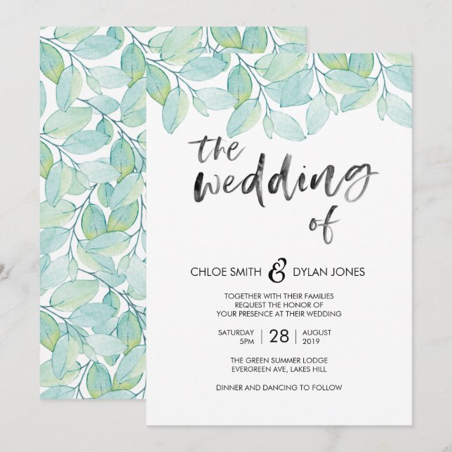 Aquarelle verte Faire-part de mariage d'été (Devant / Derrière)