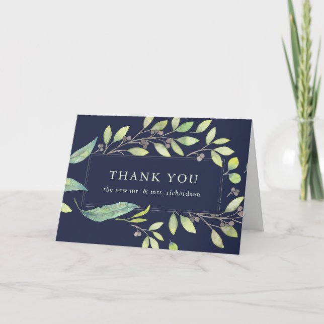Aquarelle verte feuilles | Merci bleu minuit (Devant)