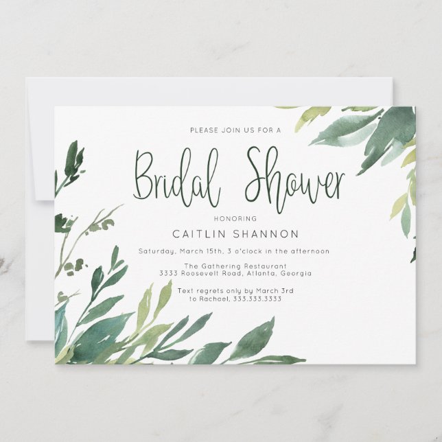 Aquarelle verte Invitation de douche nuptiale (Devant)