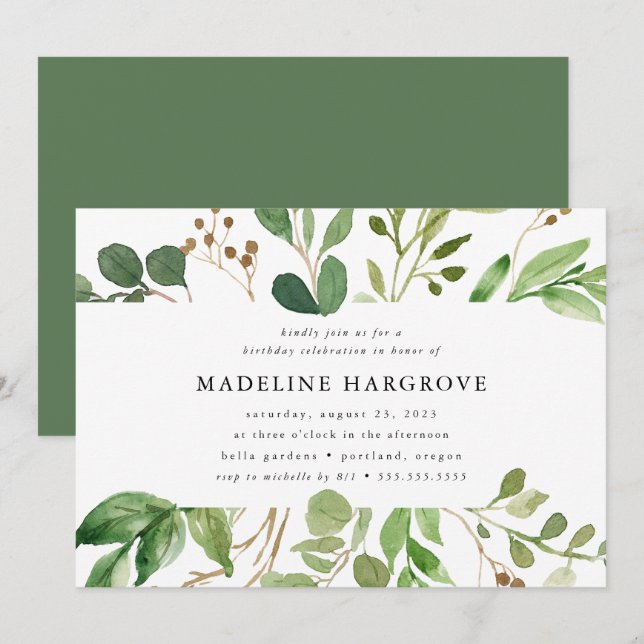 Aquarelle verte | Invitation de fête d'anniversair (Devant / Derrière)