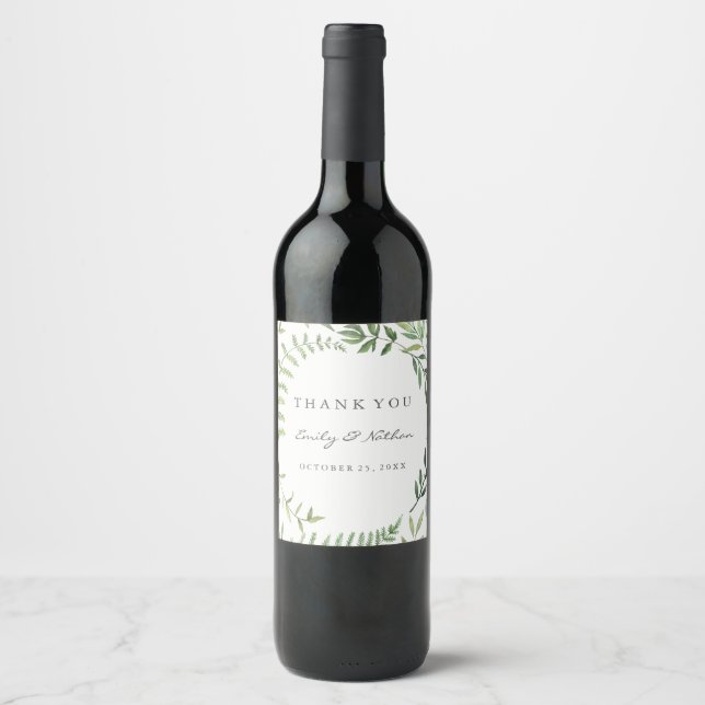 Aquarelle verte Merci Mariage  Vin Étiquette (Devant)