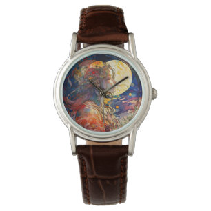 Aquarelle vibrante de Montre de Fille et Lune