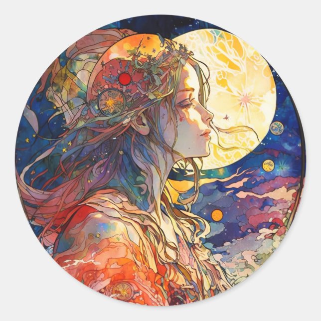 Aquarelle vibrante de Sticker pour fille et lune (Devant)