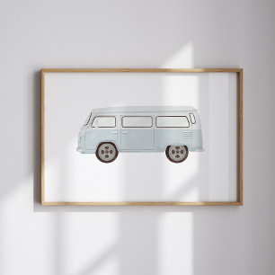 Aquarelle vintage bleu mini van poster