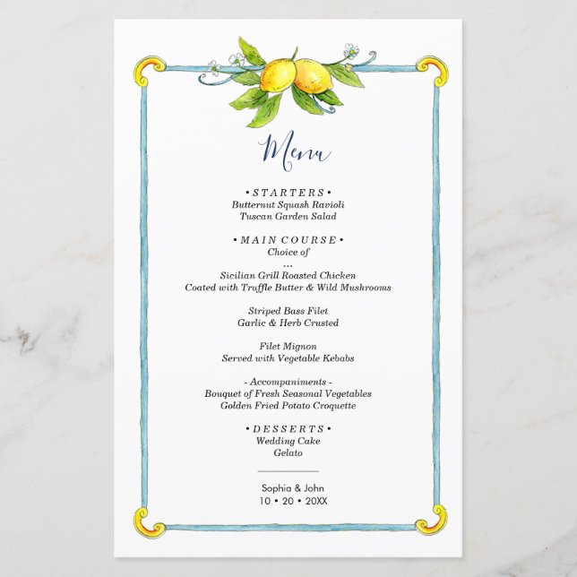 Aquarelle vintage citron menu mariage (Devant)