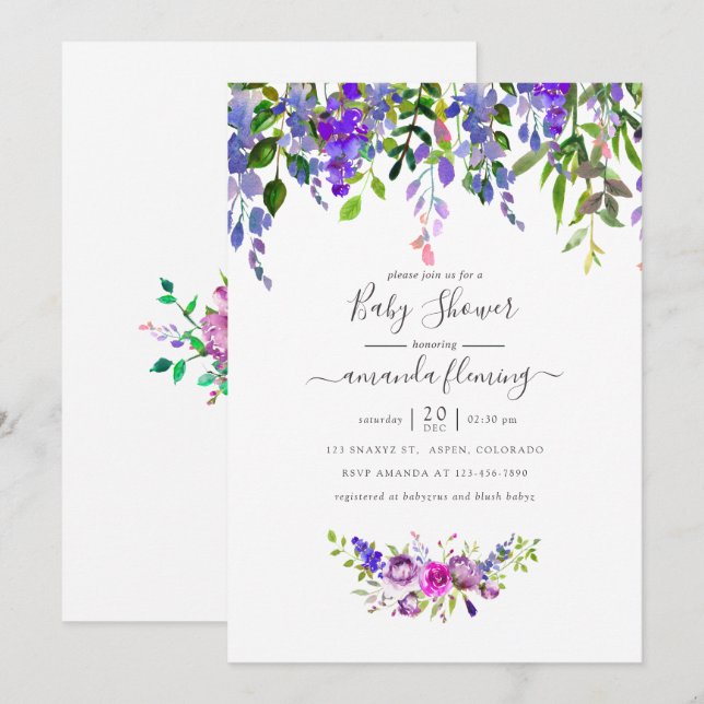 Aquarelle Violet Floral Baby shower Invitation (Devant / Derrière)