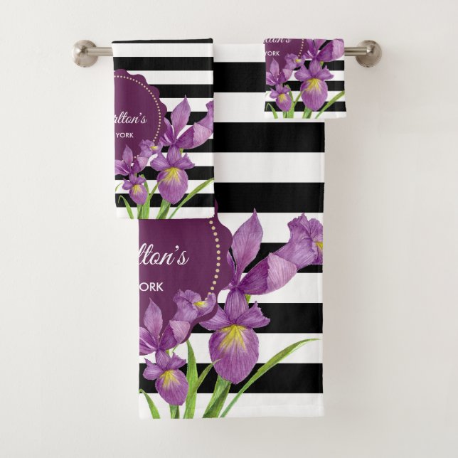 Aquarelle violet Irises noir blanc rayures (En situation)