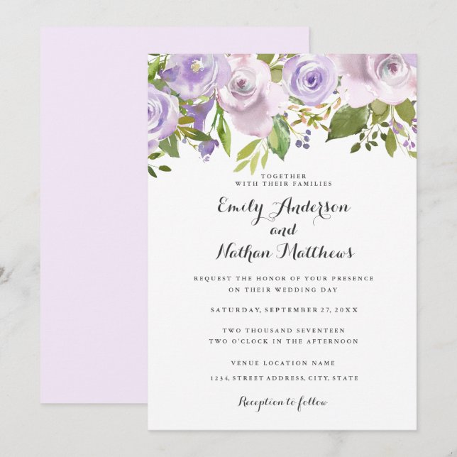Aquarelle violet Lilac Faire-part de mariage Flora (Devant / Derrière)
