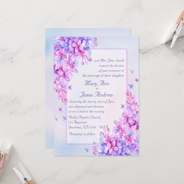 Aquarelle violet Lilac Mariage 5x7 Invitation (Devant/Arrière en situation)