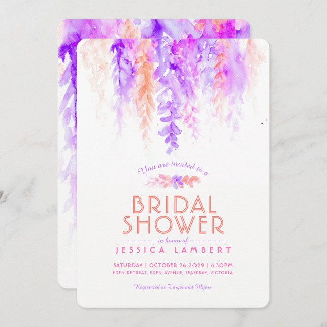 Aquarelle violet orange invitations de douche nupt (Devant / Derrière)