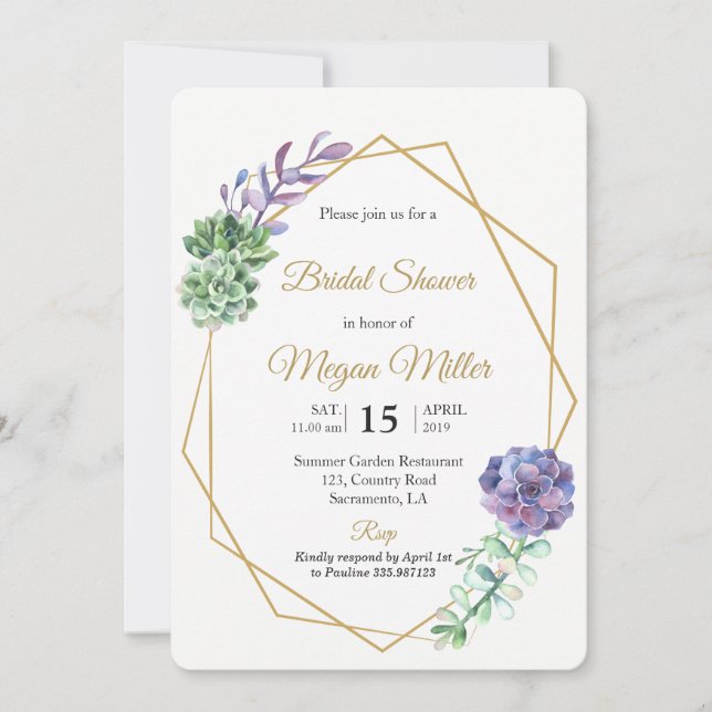 Aquarelle violet succulents invitation douche nupt (Devant)