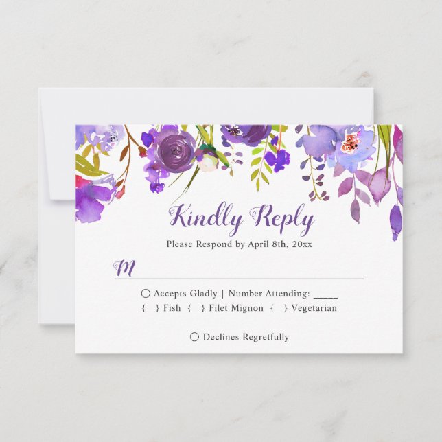 Aquarelle Violet Violet Floral Mariage RSVP Répons (Devant)