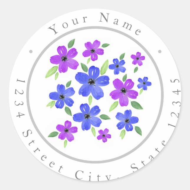 Aquarelle violette et bleu Motif Floral étiquettes (Devant)