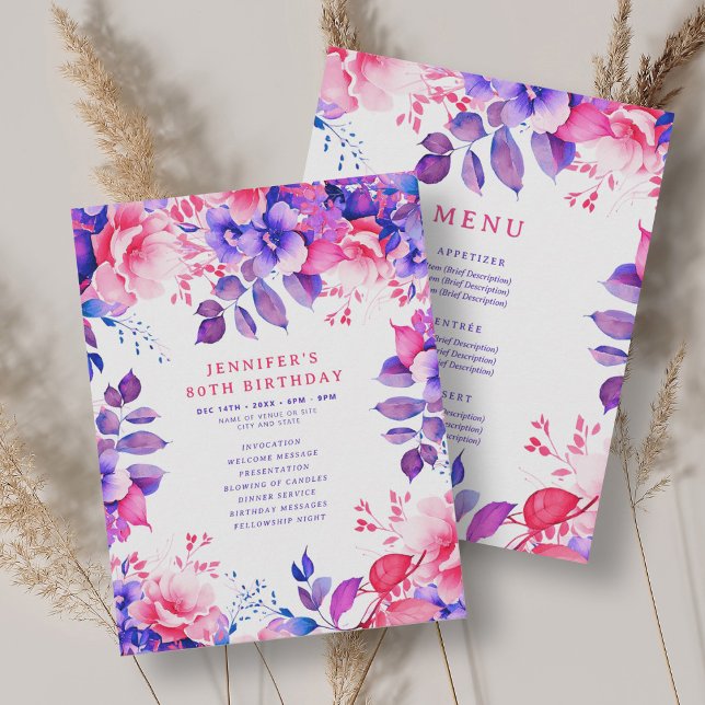 Aquarelle violette Floral 80 Programme d'anniversa (Purple Watercolor Floral 80 Birthday Program Menu)