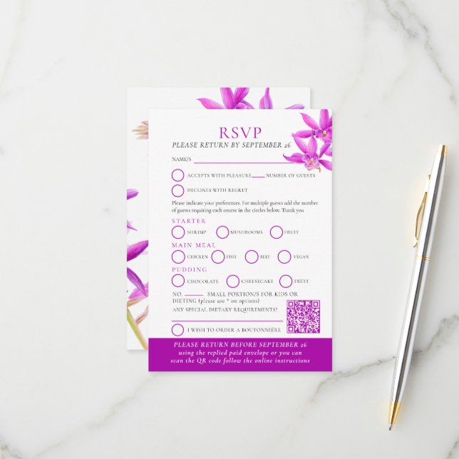 Aquarelle violette orchidée mariage RSVP QR code (Devant/Arrière en situation)