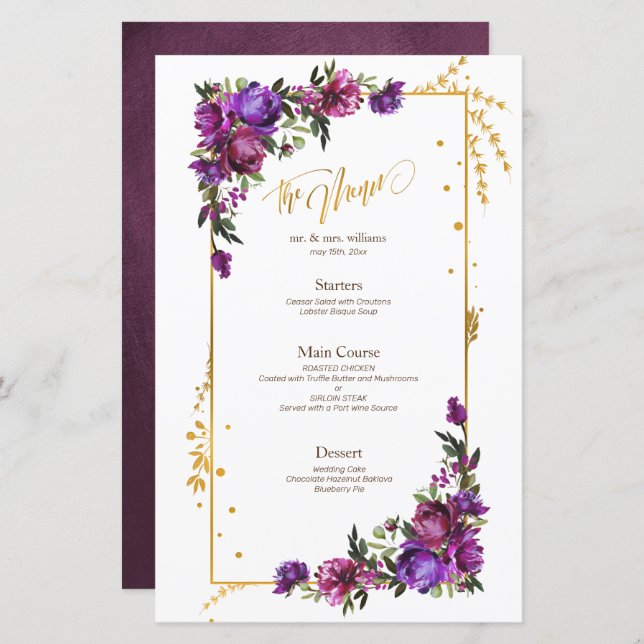 Aquarelle violette rose chaud or menu Floral (Devant / Derrière)