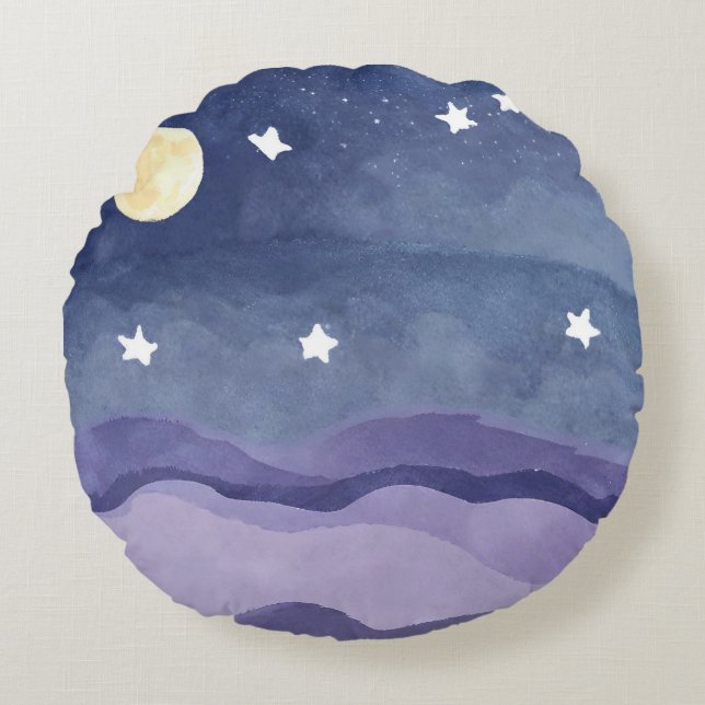 Aquarelle vive Lune étoile brillant Coussin rond (Devant)