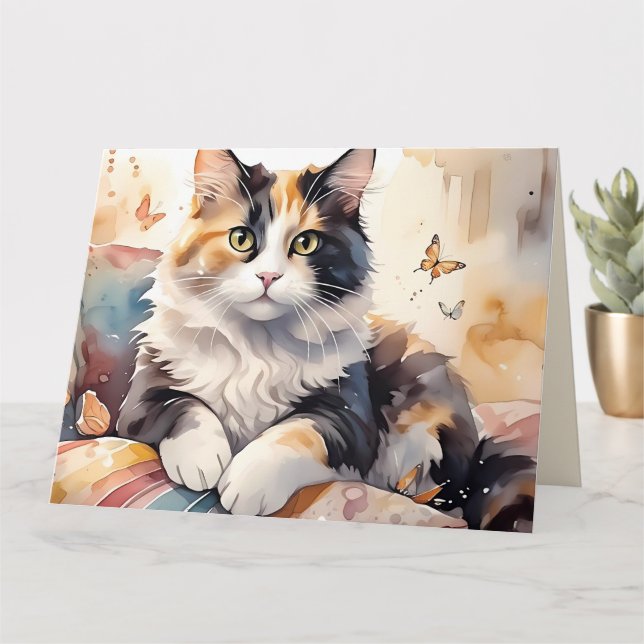 Aquarelle Whimsical Calico Cat Carte de voeux (Petite plante)