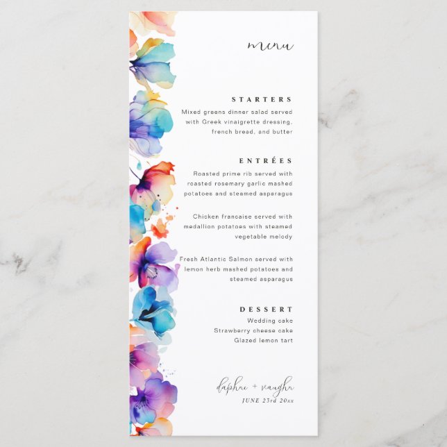 Aquarelle Whimsical Floral Flat Menu Mariage (Devant)