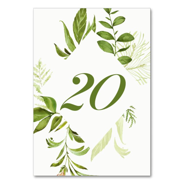 Aquarelle Wild Green Foliage Table Numéro 20 Carte (Dos)