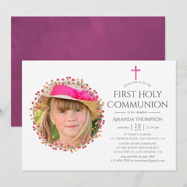 Aquarelle Wildblume Erste Heilige Kommune Einladung (Vorne/Hinten)