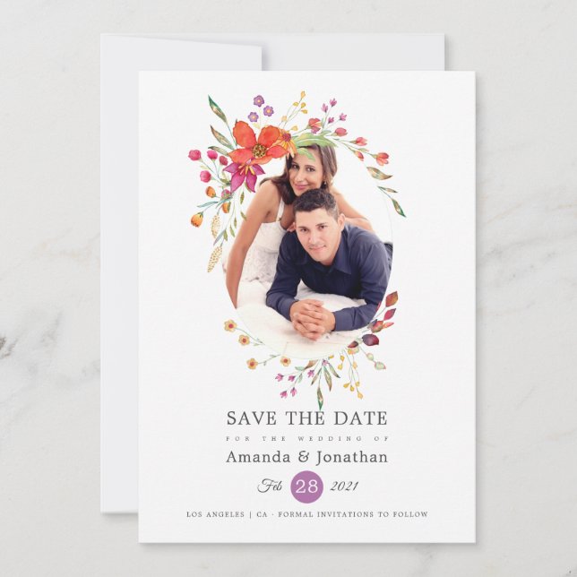 Aquarelle Wildblume Foto Wedding Save The Date (Vorderseite)