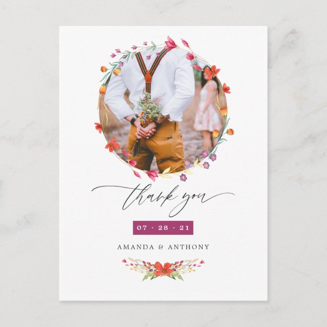 Aquarelle Wildblume Wedding Foto Vielen Dank Postkarte (Vorderseite)