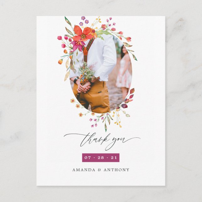 Aquarelle Wildblume Wedding Foto Vielen Dank Postkarte (Vorderseite)
