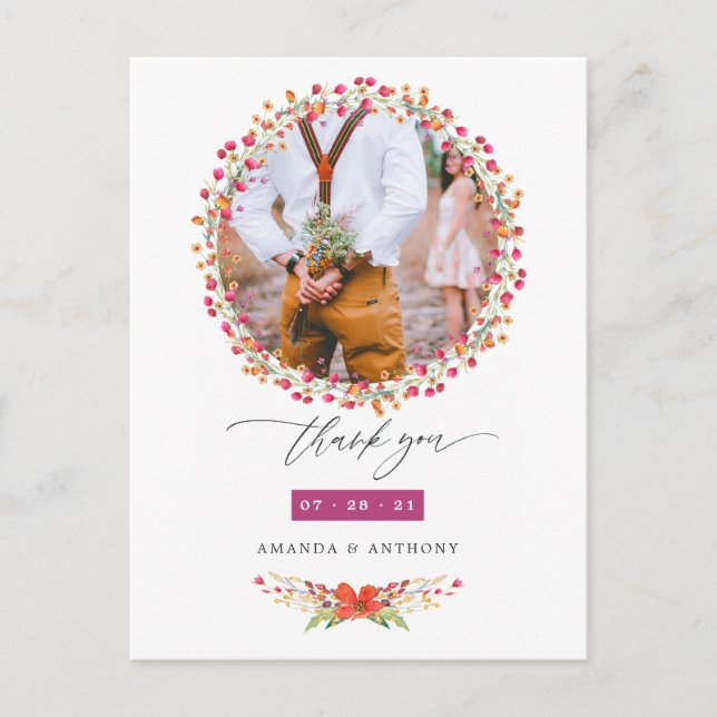 Aquarelle Wildblume Wedding Foto Vielen Dank Postkarte (Vorderseite)
