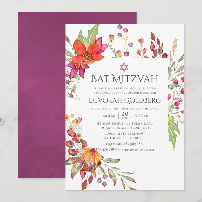 Aquarelle Wilde Blume Bat Mitzvah Einladung (Vorne/Hinten)