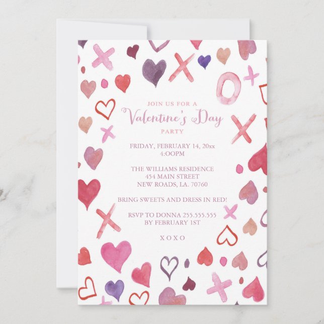 Aquarelle XOXO Invitations pour la Saint Valentin (Devant)