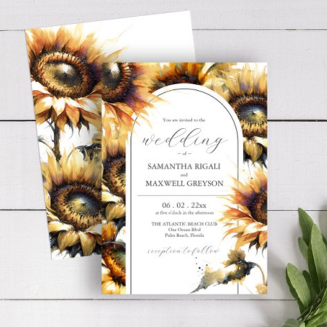 Aquarelle Yellow Sunflower Invitations de mariage (Wedding invitations feature watercolor sunflowers in summer shades of yellow on Do Tell A Belle)