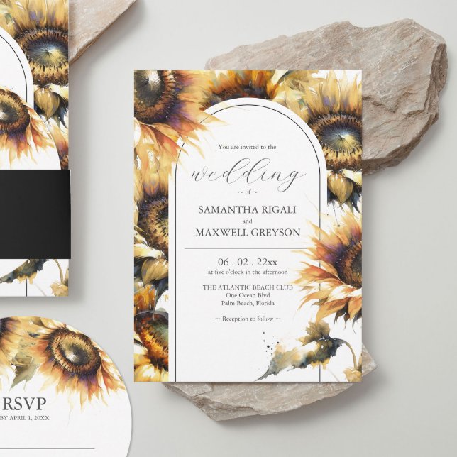 Aquarelle Yellow Sunflower Invitations de mariage (Stacked wedding invitations rustic watercolor sunflower design by Do Tell A Belle.)