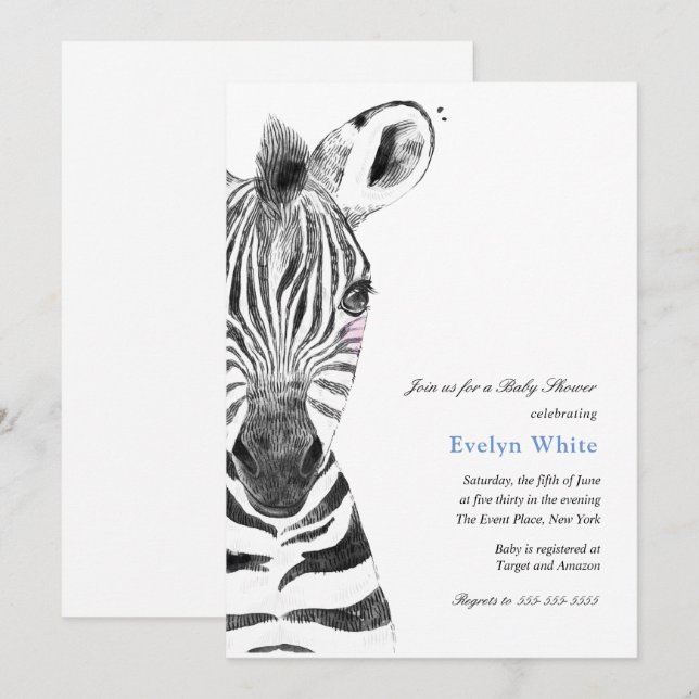 Aquarelle Zèbre | invitation Baby shower (Devant / Derrière)