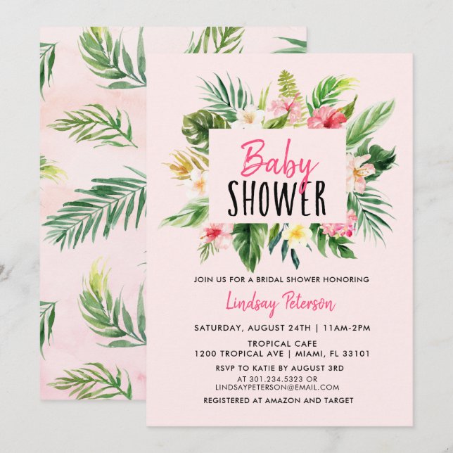 AquarelleFleurs tropicales Invitation Baby shower (Devant / Derrière)