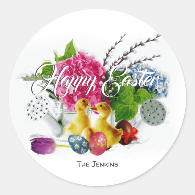 Aquarelleier, Ducklings und Frühlingsblumen Runder Aufkleber (Vorderseite)