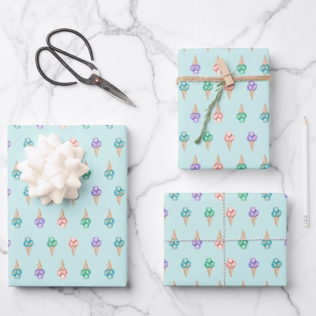 Aquarelleis auf aquamarinem Fun Sommer Geschenkpapier Set (Vorderseite)