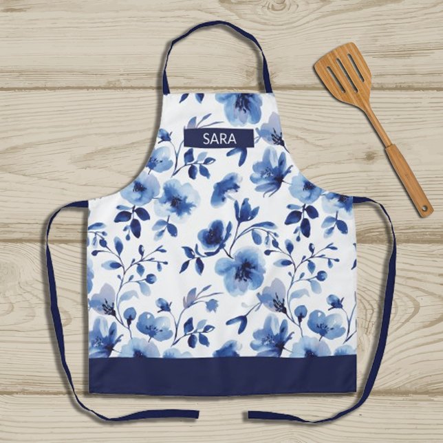 Aquarelleis Blauer Blume Schürze (Watercolor Ice Blue Floral Apron, #watercolorfloral #iceblueflowersapron #motherdaygift #wintergift)