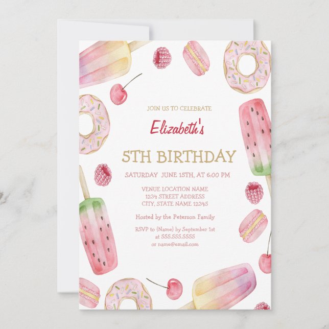 Aquarelleis, Donuts Süßigkeiten zum Geburtstag Einladung (Vorderseite)
