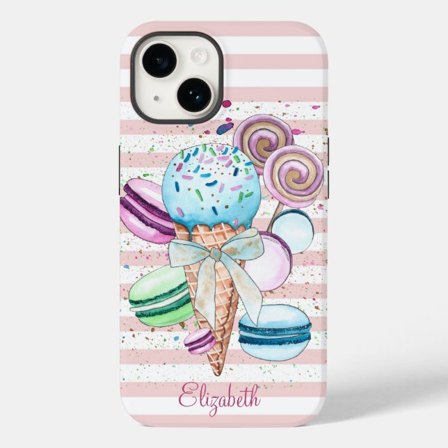 Aquarelleis, Macaroons, rosa Streifen Case-Mate iPhone 14 Hülle (Rückseite)