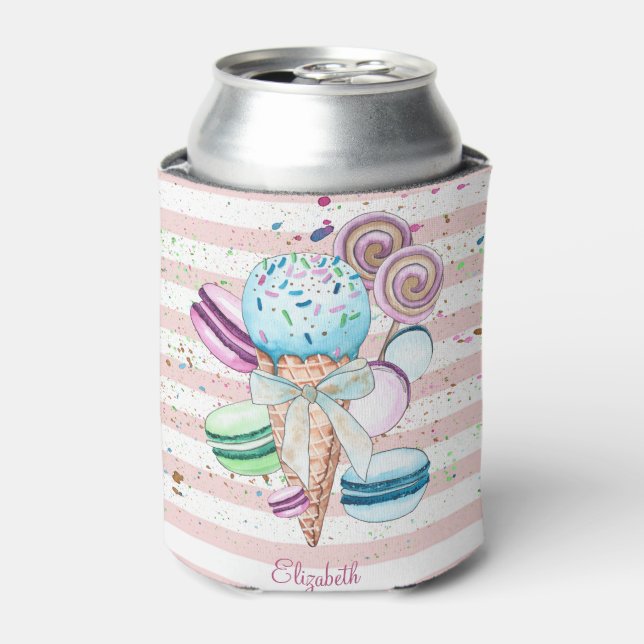 Aquarelleis, Macaroons, rosa Streifen Dosenkühler (Kanne Vorderseite)